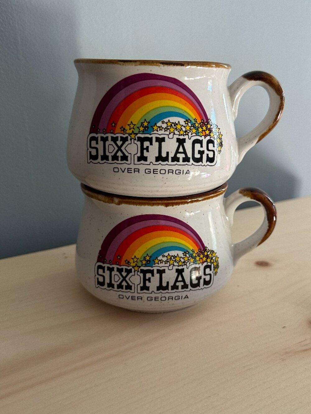 Six Flags Over Georgia | Vintage Ceramic Rainbow Soup Mug | Set of 2
